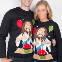 Cute Cartoon Printed Long Sleeve Round Neck Couple Sweatshirt