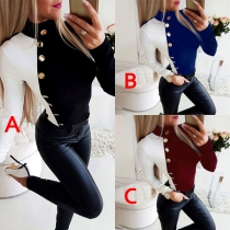 Fashion Contrast Color Long Sleeve Mock Neck Slim Fit Top(It falls small)