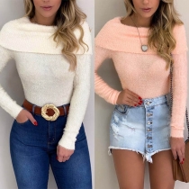 Fashion Solid Color Long Sleeve Boat Neck Slim Fit Top