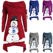 Cute Snowman Printed Long Sleeve Cowl Neck Irregular Hem Dress