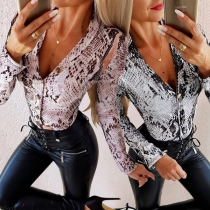 Sexy V-neck Long Sleeve Snakeskin Printed Bodysuit