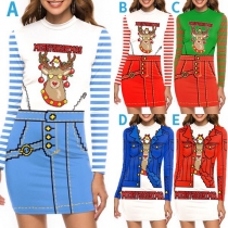 Cute Cartoon Printed Long Sleeve Round Neck Slim Fit Dress
