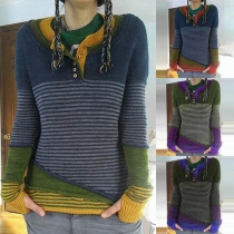Fashion Striped Spliced Long Sleeve Round Neck Knit Top