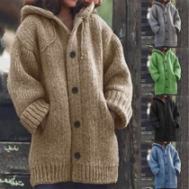 Fashion Solid Color Long Sleeve Hooded Loose Knit Coat