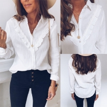 Fashion Solid Color Long Sleeve POLO Collar Ruffle Shirt