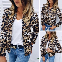 Fashion Long Sleeve Stand Collar Leopard Printed Thin Coat