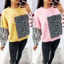 Fashion Leopard Spliced Long Sleeve Round Neck Top