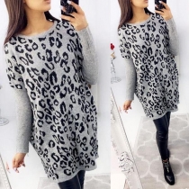 Fashion Leopard Printed Long Sleeve Round Neck Loose Dress