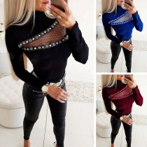 Sexy Hollow Out Gauze Spliced Long Sleeve Mock Neck Top