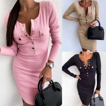 Simple Style Long Sleeve Round Neck Front-button Slim Fit Dress