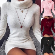 Fashion Solid Color Long Sleeve Turtleneck Slim Fit Dress(It runs short)