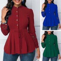 OL Style Lace Spliced Long Sleeve Stand Collar Pleated Shirt