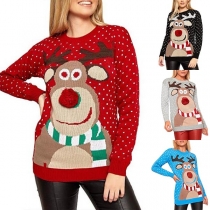 Cute Elk Printed Long Sleeve Round Neck Sweater