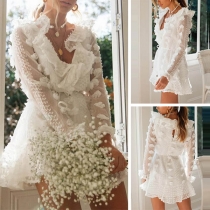 Sexy V-neck Long Sleeve Ruffle See-through Dress