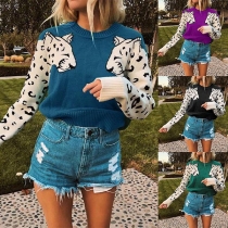 Chic Style Leopard   Pattern Long Sleeve Round Neck Sweater