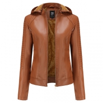 Fashion Long Sleeve Detachable Hooded Plush Lining PU Leather Jacket