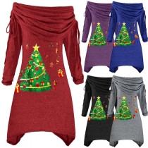 Fashion Christmas Tree Printed Long Sleeve Cowl Neck Irregular Hem Dress