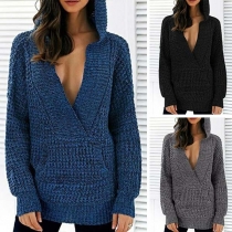 Sexy Deep V-neck Long Sleeve Hooded Solid Color Sweater