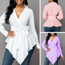 Sexy V-neck Long Sleeve Irregular Hem Solid Color Shirt