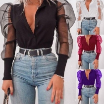 Sexy See-through Gauze Spliced Puff Sleeve Deep V-neck Top