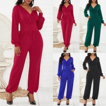 Sexy V-neck High Waist Solid Color Long Sleeve Jumpsuit