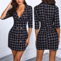 OL Style Half Sleeve Notched Lapel Double-breasted Plaid Dress