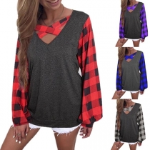 Fashion Plaid Spliced Lantern Sleeve V-neck T-shirt