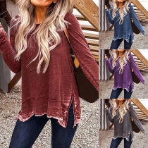 Fashion Solid Color Long Sleeve Round Neck Slit Hem T-shirt