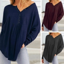 Fashion Solid Color Long Sleeve Round Neck Arc Hem Loose T-shirt