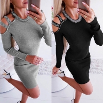 Sexy Off-shoulder Long Sleeve Rhinestone Spliced Slim Fit Dress