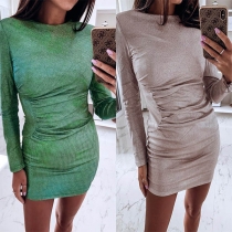 Fashion Solid Color Long Sleeve Round Neck Slim Fit Dress