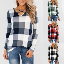 Fashion Long Sleeve V-neck Plaid Top