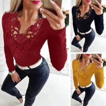 Sexy Lace Spliced V-neck Long Sleeve Slim Fit Top