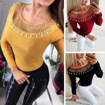 Sexy Hollow Out Gauze Spliced Long Sleeve Round Neck Beaded T-shirt