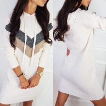 Fashion Contrast Color Long Sleeve Hooded Sweatshirt Dress