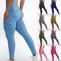 Fashion Solid Color High Waist Side-pocket Stretch Leggings
