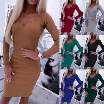 Sexy V-neck Long Sleeve Solid Color Slim Fit Dress
