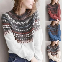 Fashion Long Sleeve Round Neck Printed Knit Top