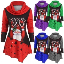 Fashion Long Sleeve Cowl Neck Irregular Hem Santa Claus Printed Top