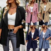 Fashion Solid Color Long Sleeve Drawstring Waist Windbreaker Coat