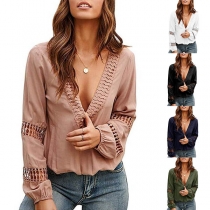 Sexy Deep V-neck Hollow Out Lantern Sleeve Solid Color Top