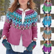 Fashion Printed Long Sleeve Round Neck Knit Cardigan