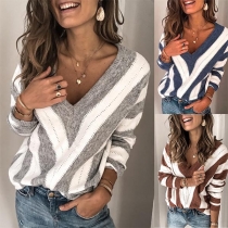 Sexy V-neck Long Sleeve Contrast Color Striped Top