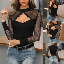 Sexy Hollow Out Lace Spliced Long Sleeve Slim Fit Top