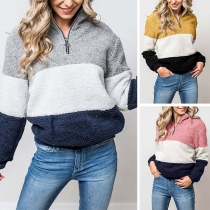 Fashion Contrast Color Long Sleeve Stand Collar Plush Sweatshirt