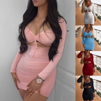 Sexy V-neck Long Sleeve Hollow Out Tight Dress