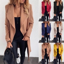 Fashion Solid Color Long Sleeve Lapel Coat with Waist Strap