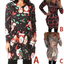 Fashion Long Sleeve Round Neck Christmas Printed Dress