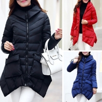 Fashion Solid Color Stand Collar Irregular Hem Hooded Padded Coat