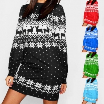 Fashion Long Sleeve Round Neck Printed Thin Dress